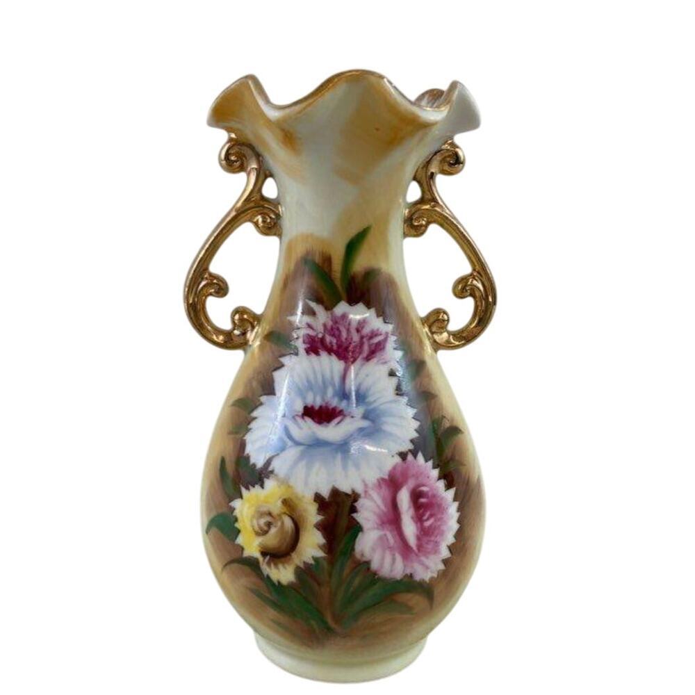 Vintage Hand Painted Floral Porcelain Vase with‎ Gold Gilt Handles